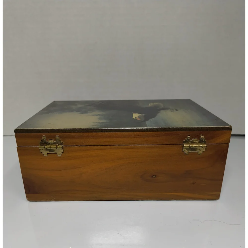 Vintage Wooden Jewelry Trinket Box Bald Eagle Great Smoky‎ Mountains Souvenir